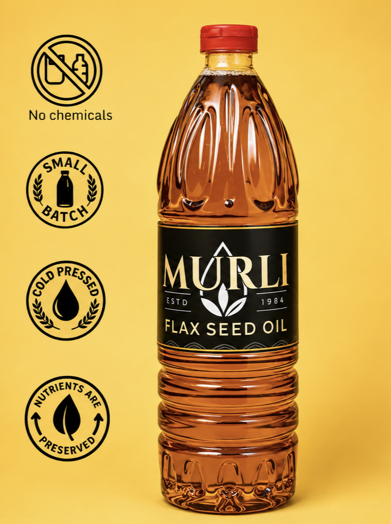 Murli cold pressed flax seed oil, no chemicals, small batch, nutrients preserved