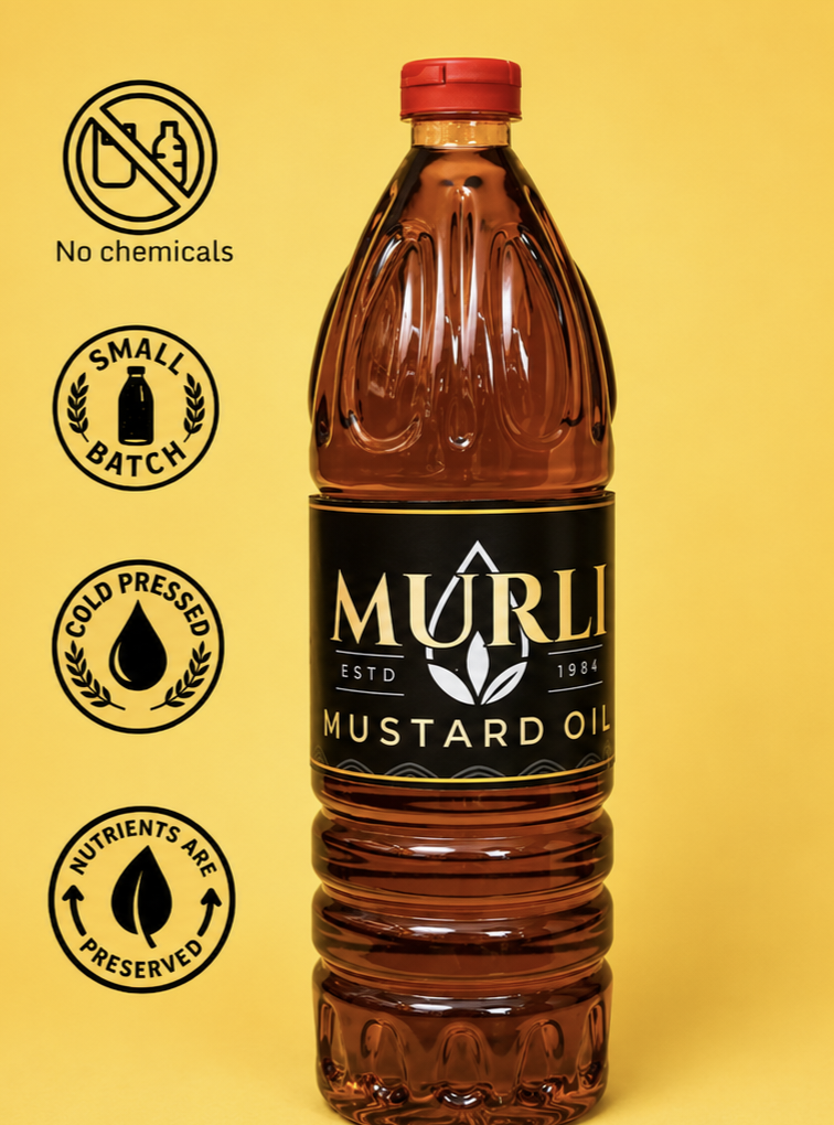 Murli cold pressed mustard oil bottle with no chemicals, small batch, nutrients preserved